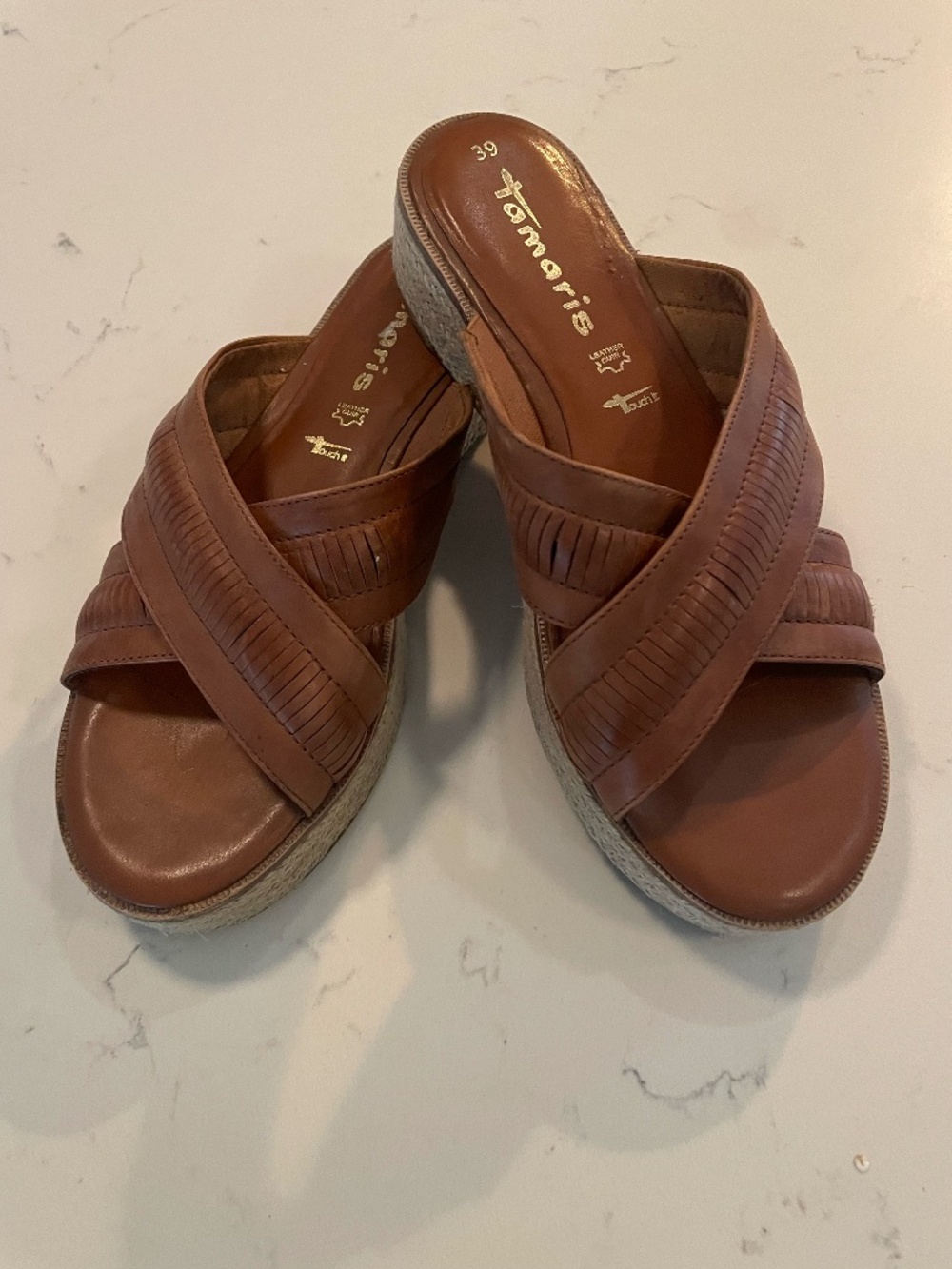 Tamaris  Platform Espadrille Brown Leather Sandals Size 39